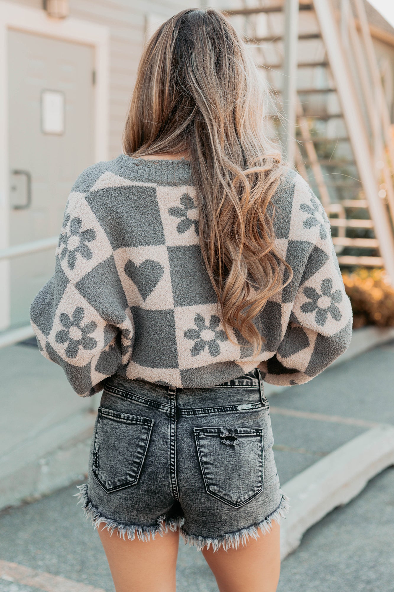 Dream Core Floral Checkered POL Sweater (Grey/Beige) - NanaMacs