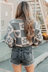 Dream Core Floral Checkered POL Sweater (Grey/Beige) - NanaMacs