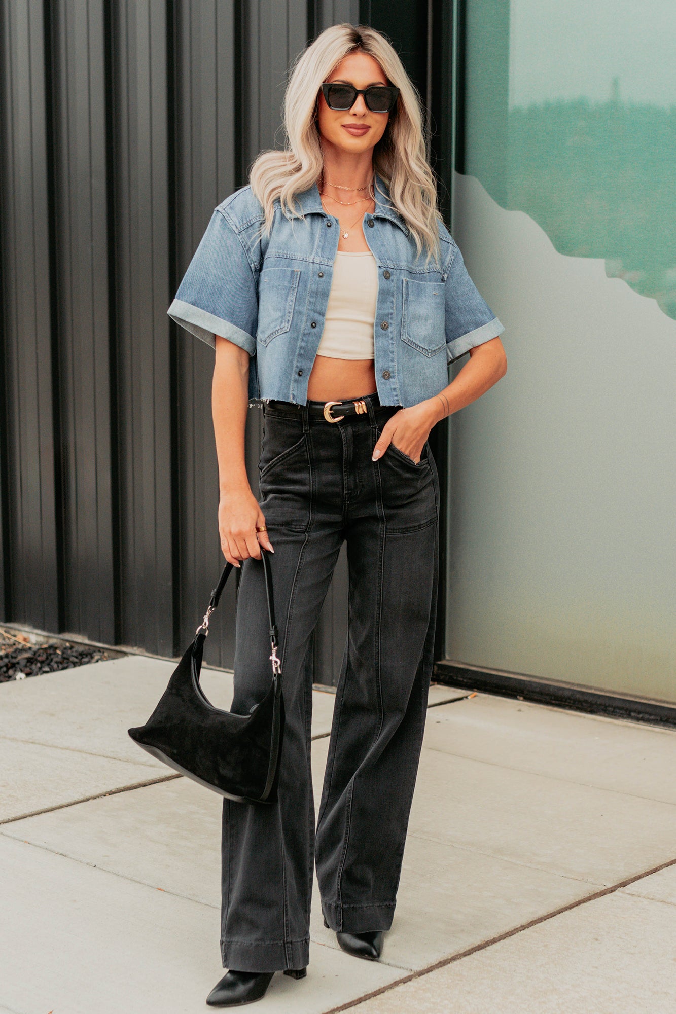 Out & About Short Sleeve Denim Crop Top (Medium) - NanaMacs