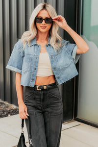 Out & About Short Sleeve Denim Crop Top (Medium) - NanaMacs