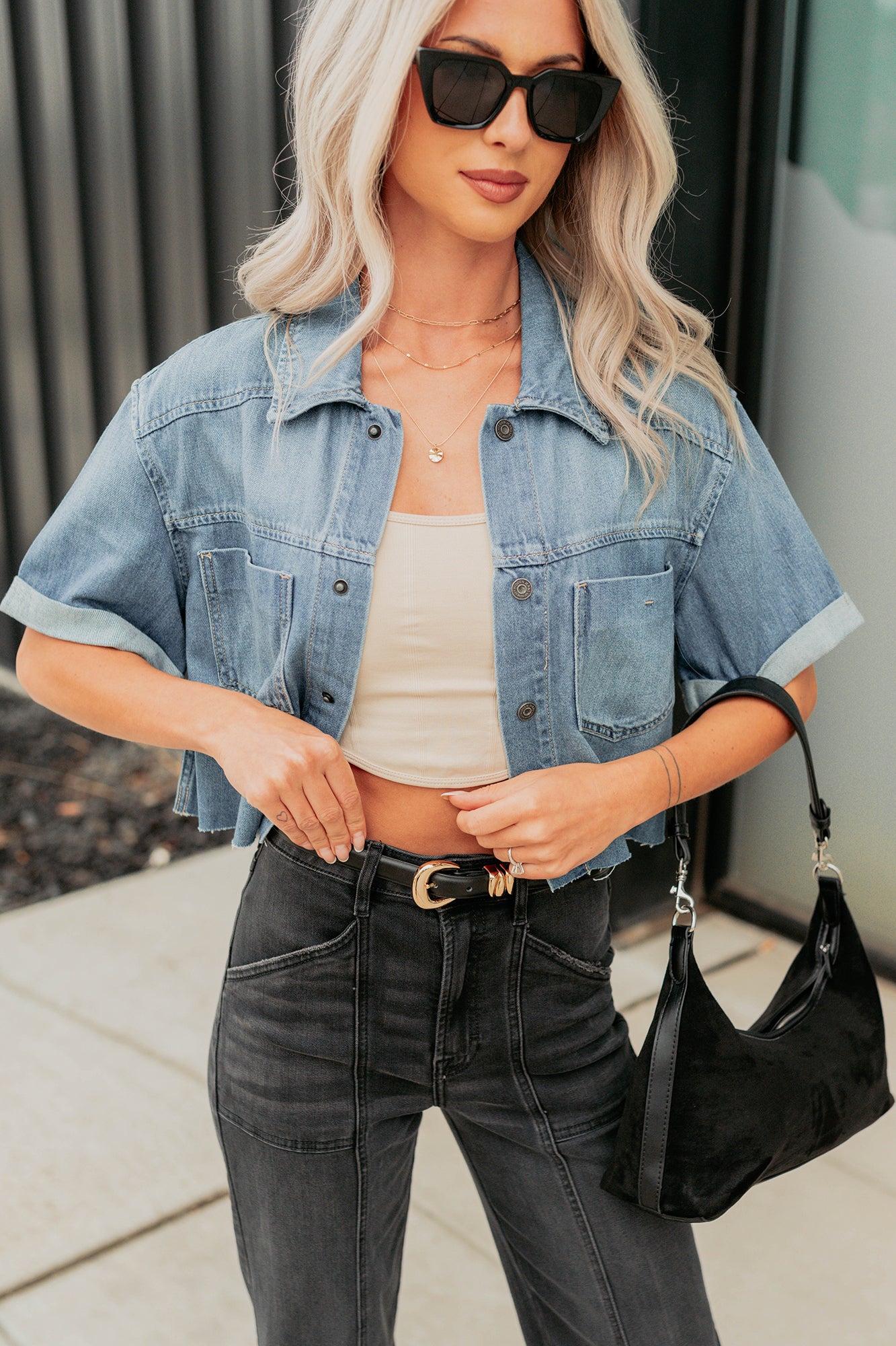 Out & About Short Sleeve Denim Crop Top (Medium) - NanaMacs