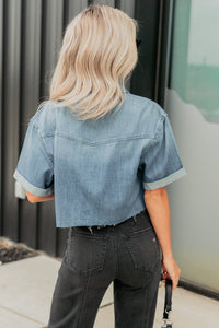 Out & About Short Sleeve Denim Crop Top (Medium) - NanaMacs