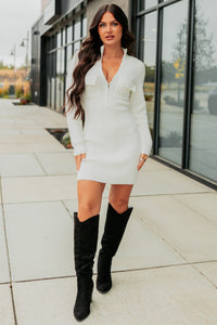 Stillness Speaks Half-Zip FORE Sweater Dress (White) - NanaMacs