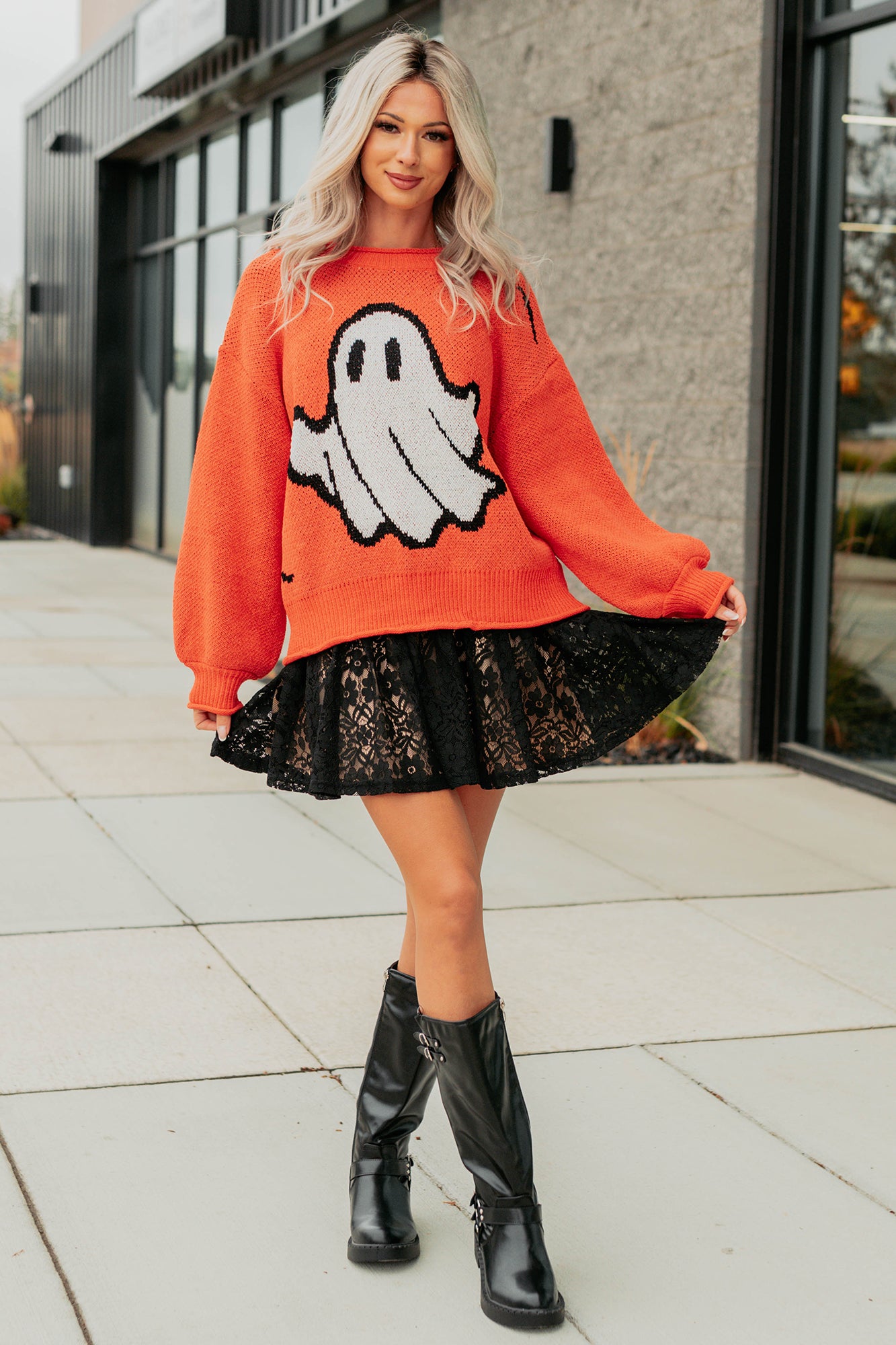 October Haze Spooky Ghost Knit Sweater (Orange) - NanaMacs