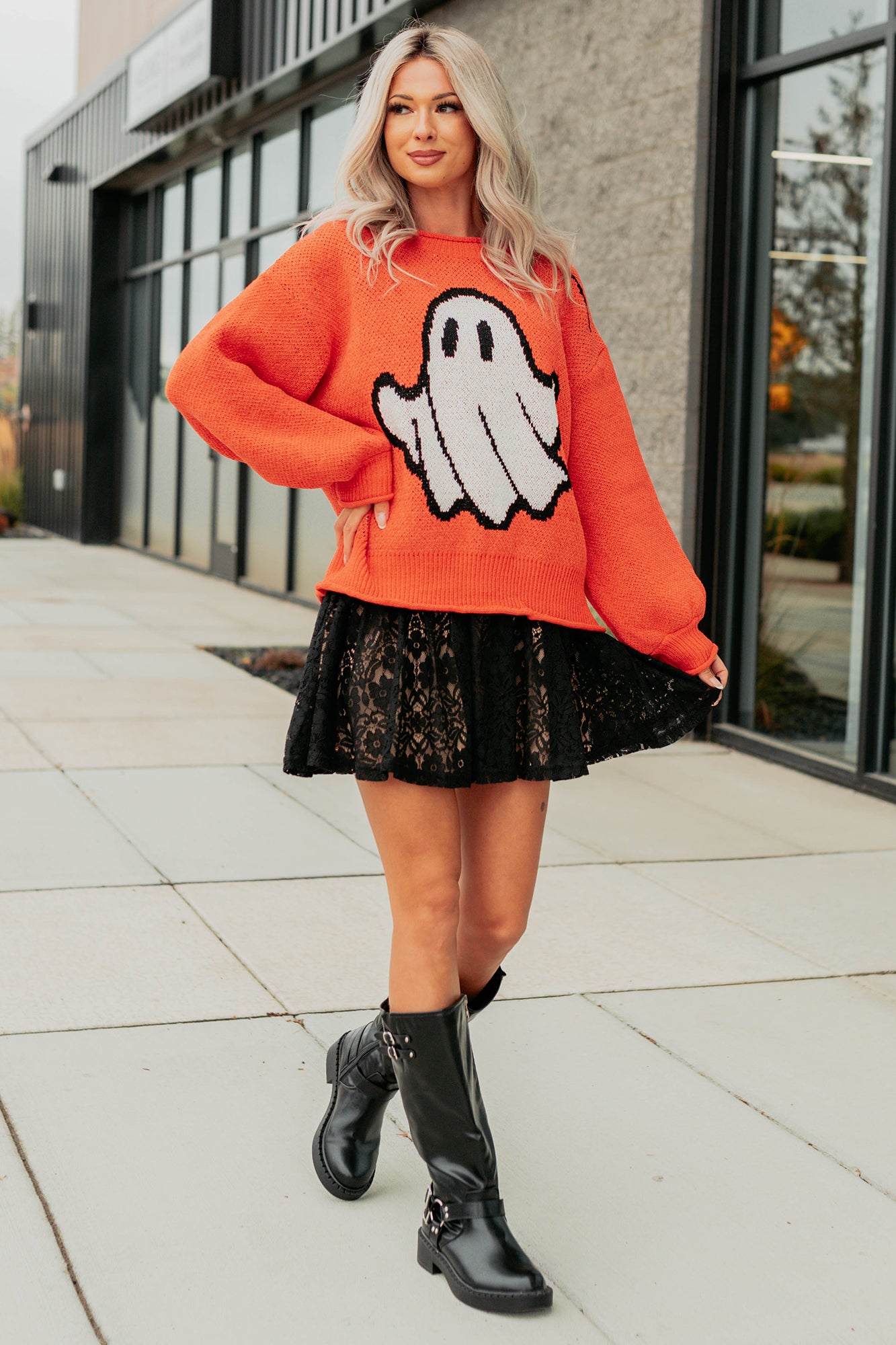 October Haze Spooky Ghost Knit Sweater (Orange) - NanaMacs