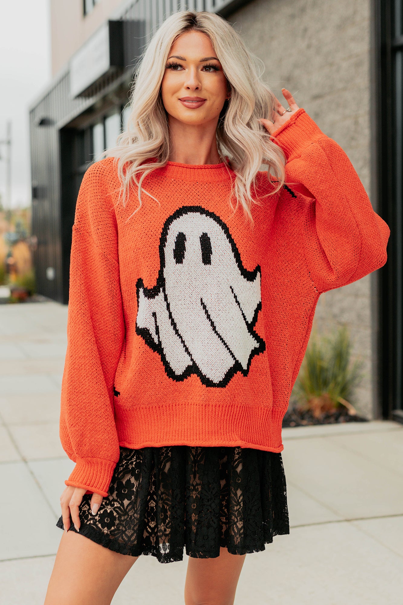 October Haze Spooky Ghost Knit Sweater (Orange) · NanaMacs