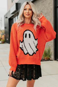 October Haze Spooky Ghost Knit Sweater (Orange) - NanaMacs