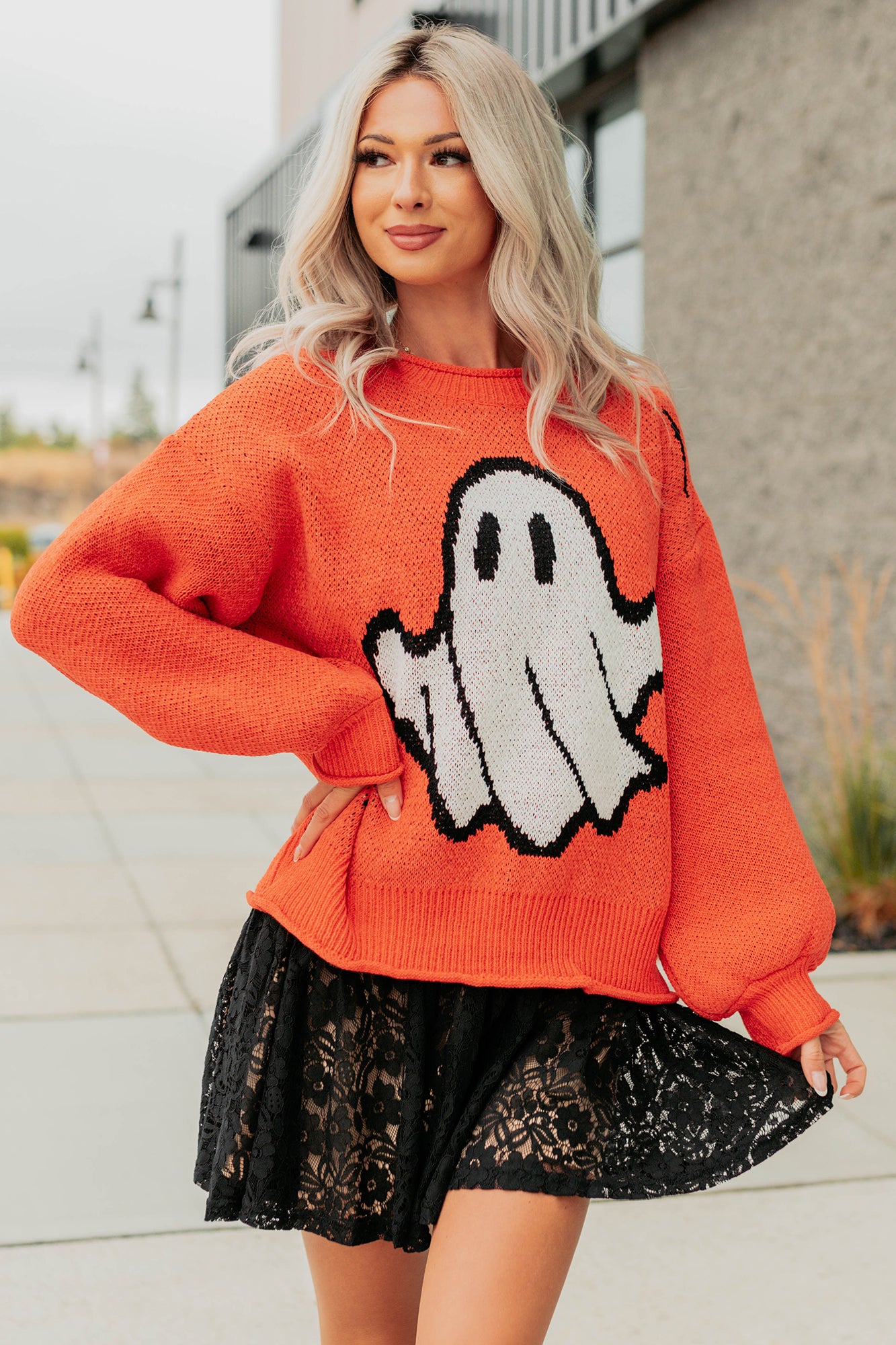 October Haze Spooky Ghost Knit Sweater (Orange) - NanaMacs