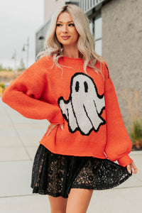 October Haze Spooky Ghost Knit Sweater (Orange) - NanaMacs