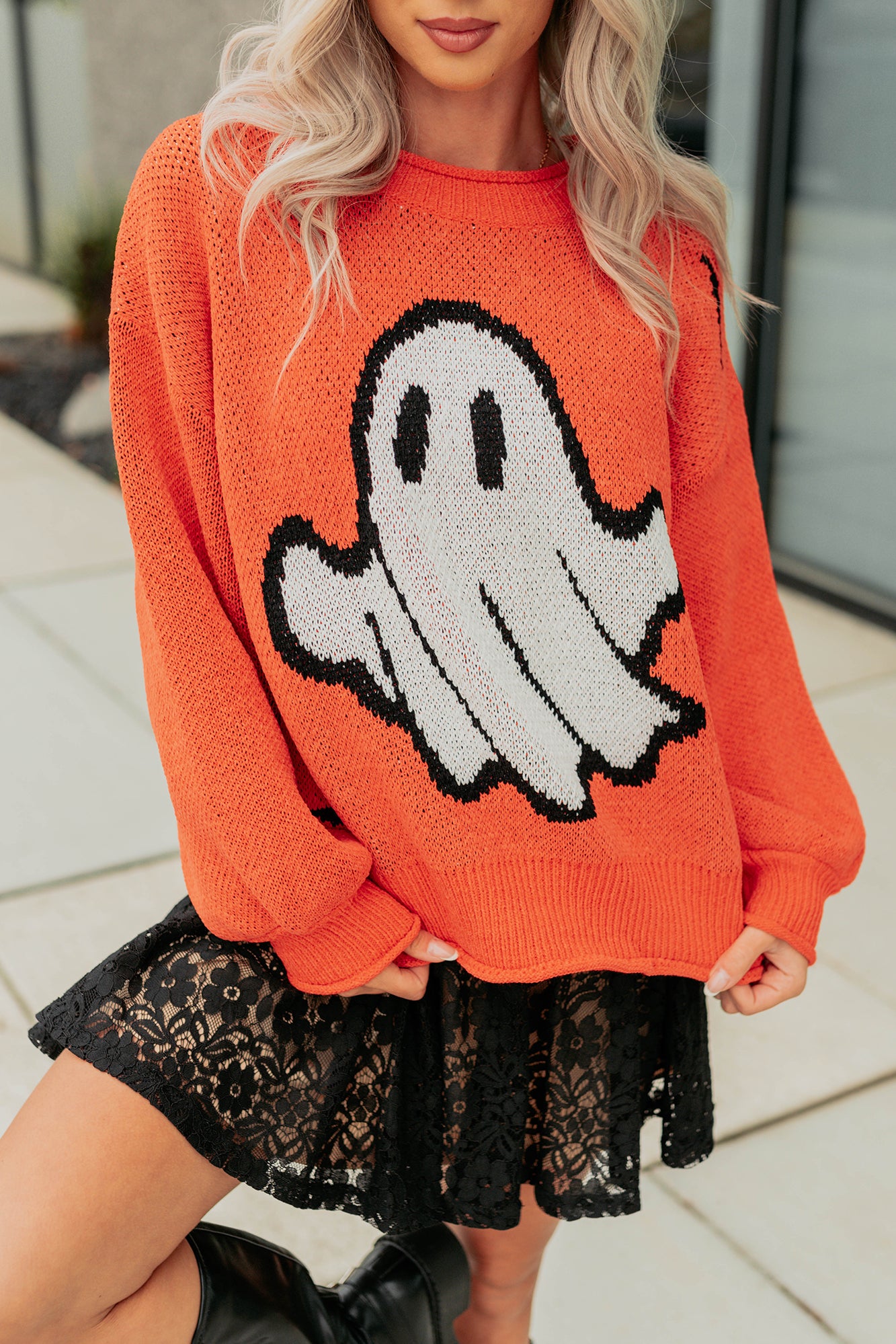 October Haze Spooky Ghost Knit Sweater (Orange) - NanaMacs