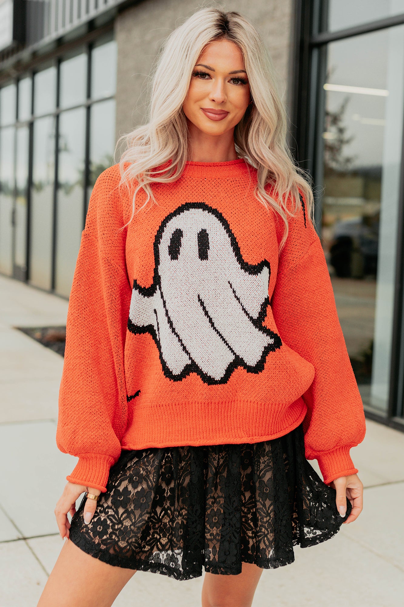 October Haze Spooky Ghost Knit Sweater (Orange) - NanaMacs