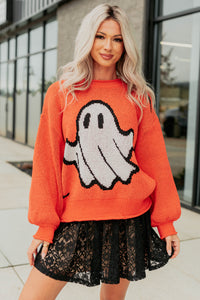 October Haze Spooky Ghost Knit Sweater (Orange) - NanaMacs