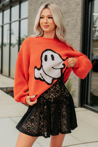 October Haze Spooky Ghost Knit Sweater (Orange) - NanaMacs