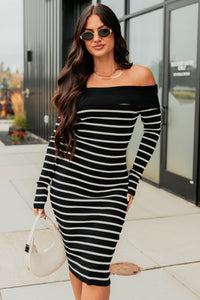 Only Us Off The Shoulder Striped Midi Dress (Black) - NanaMacs