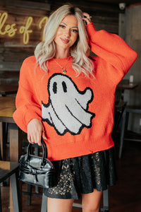 October Haze Spooky Ghost Knit Sweater (Orange) - NanaMacs