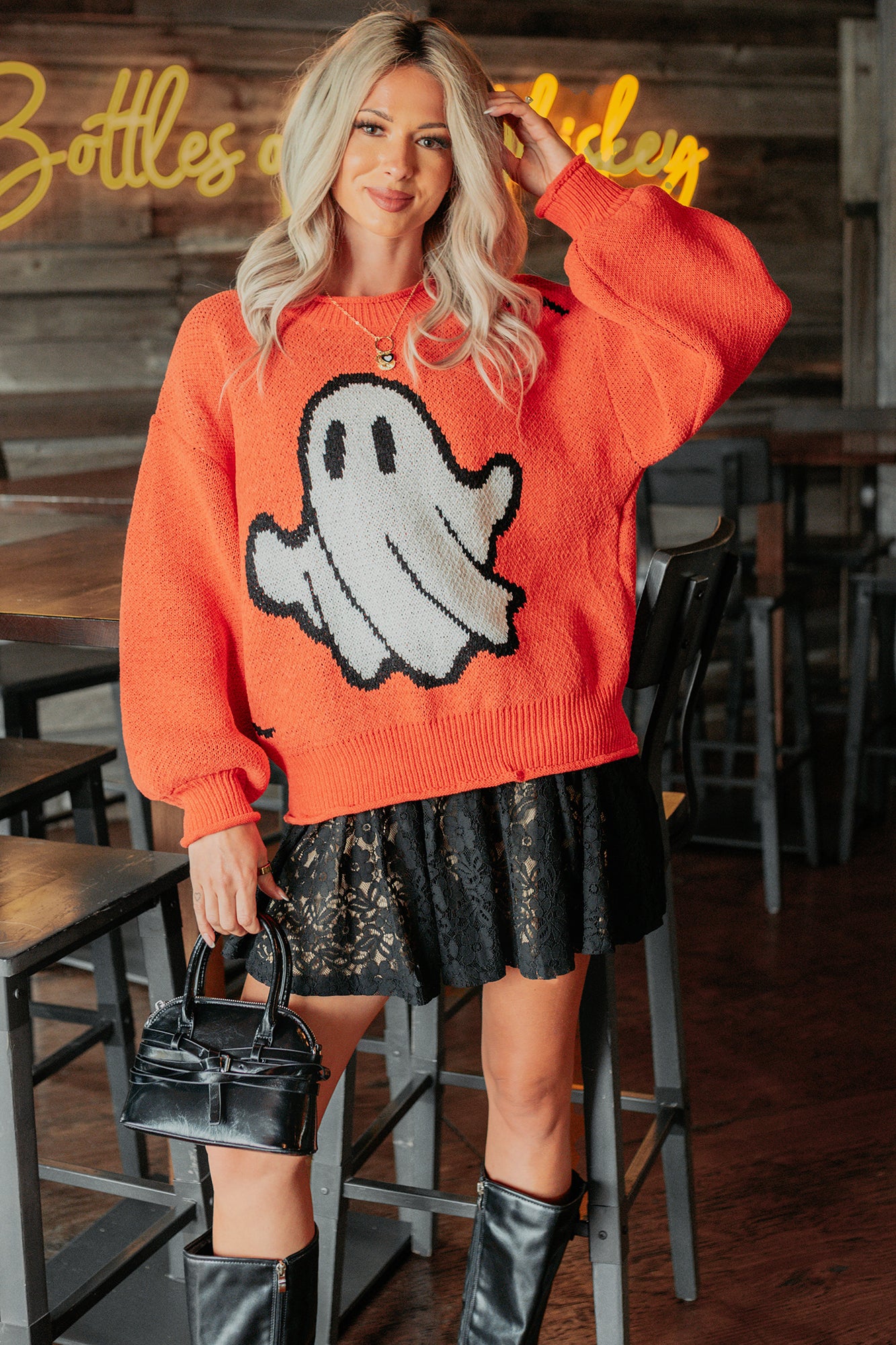 October Haze Spooky Ghost Knit Sweater (Orange) - NanaMacs