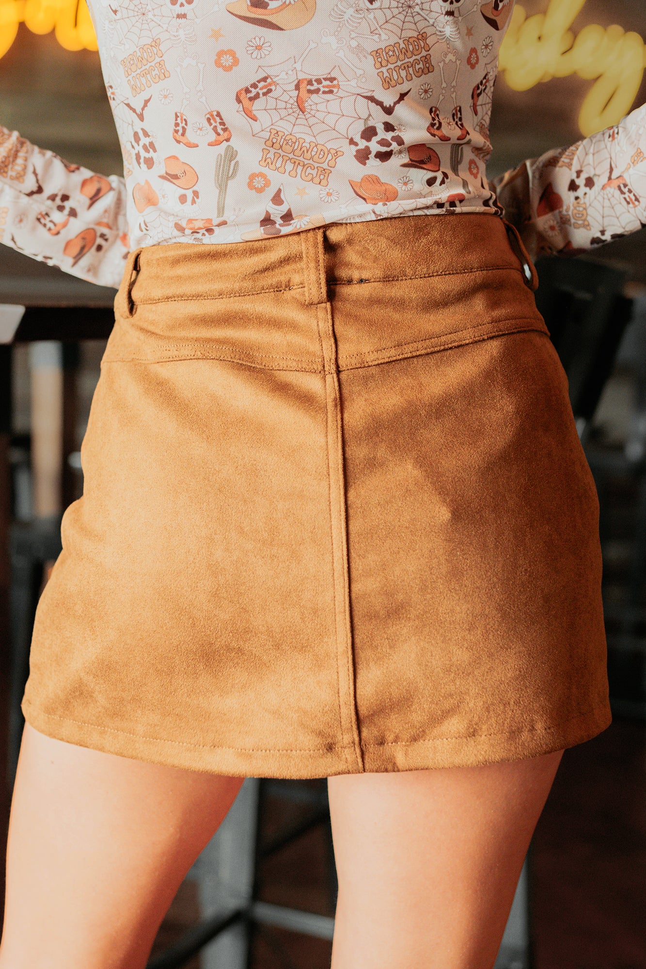 Sunset Stampede Faux Suede Mini Skirt (Camel) - NanaMacs
