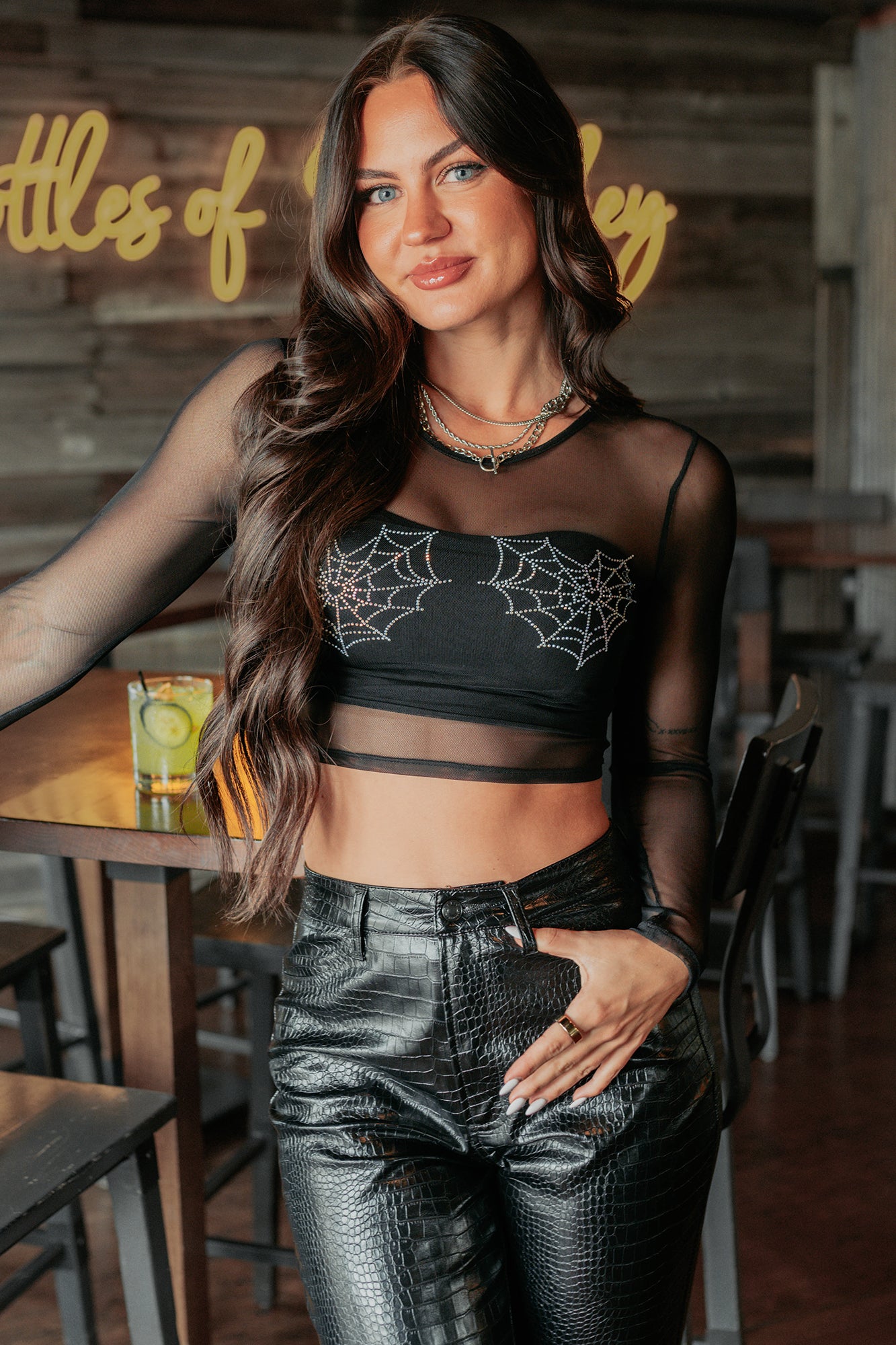 Limitless Vision Mesh Rhinestone Spider Web Top (Black) - NanaMacs