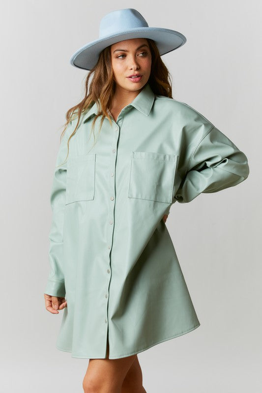 Call Me Tempted Faux Leather Shirt Dress (Pistachio) - NanaMacs