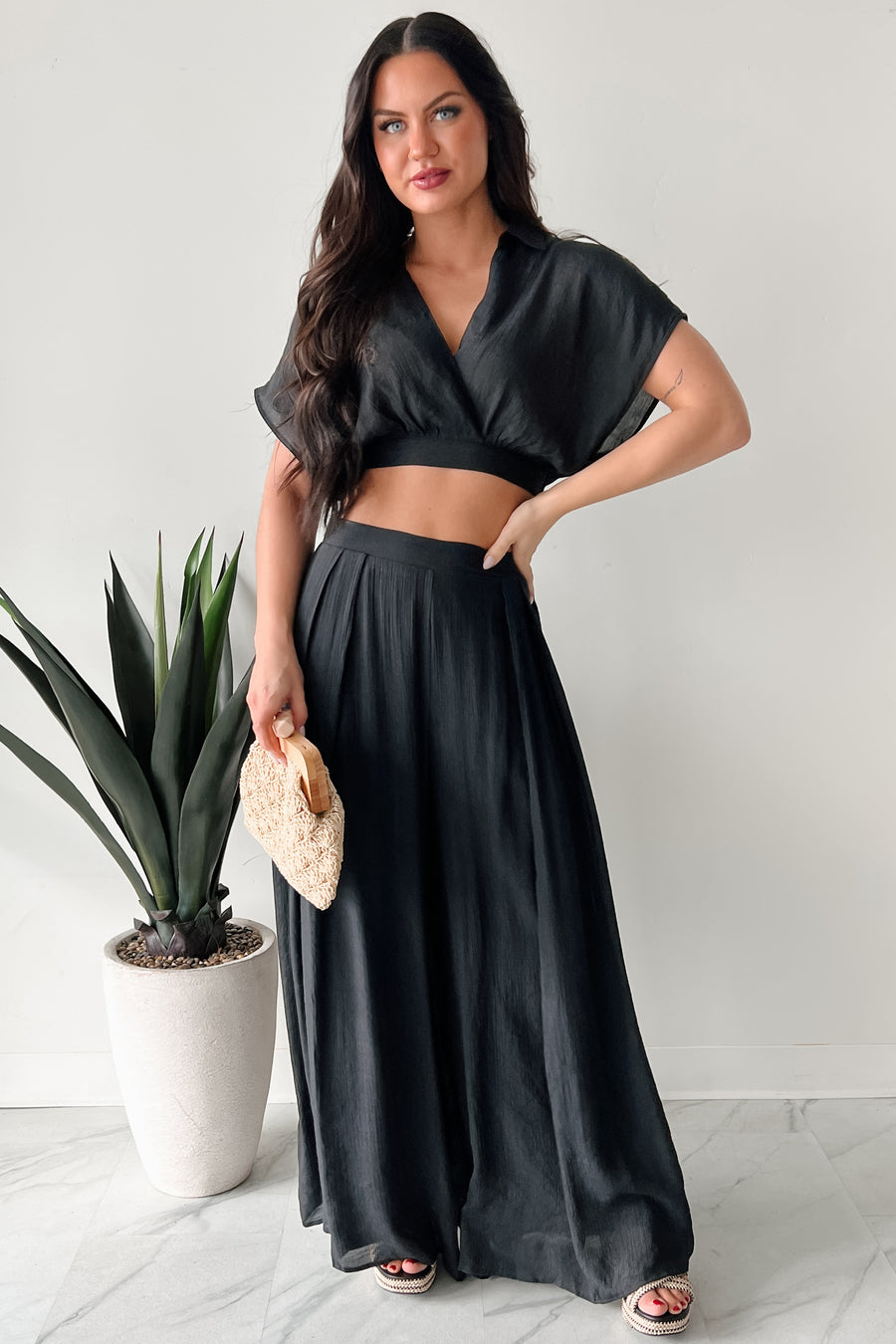 Dreamy Nights Crop Top & Wide Leg Pants Set (Black) - NanaMacs