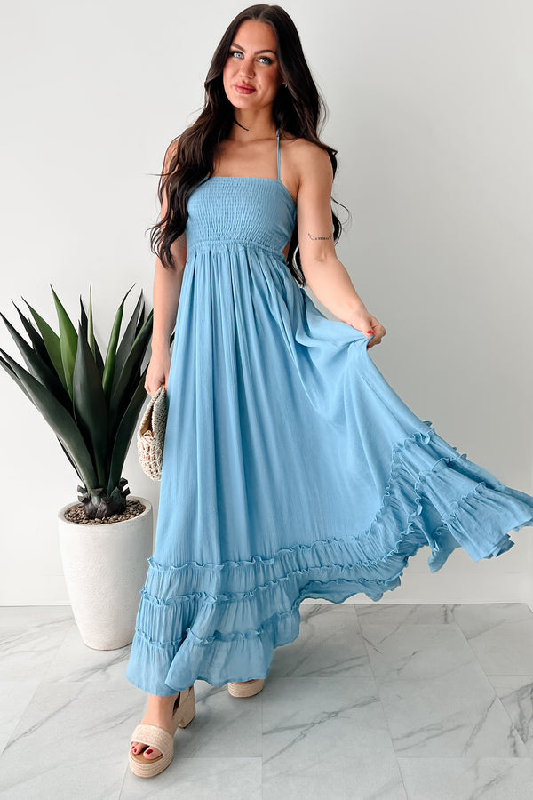 Taking The Scenic Route Halter Smocked Maxi Dress (Blue) - NanaMacs