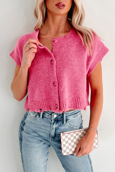 Undemanding Comfort Distressed Button-Up Sweater Vest (Pink)