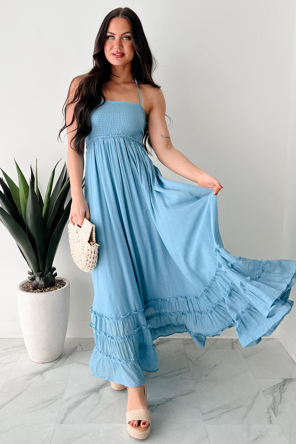 Taking The Scenic Route Halter Smocked Maxi Dress (Blue) - NanaMacs