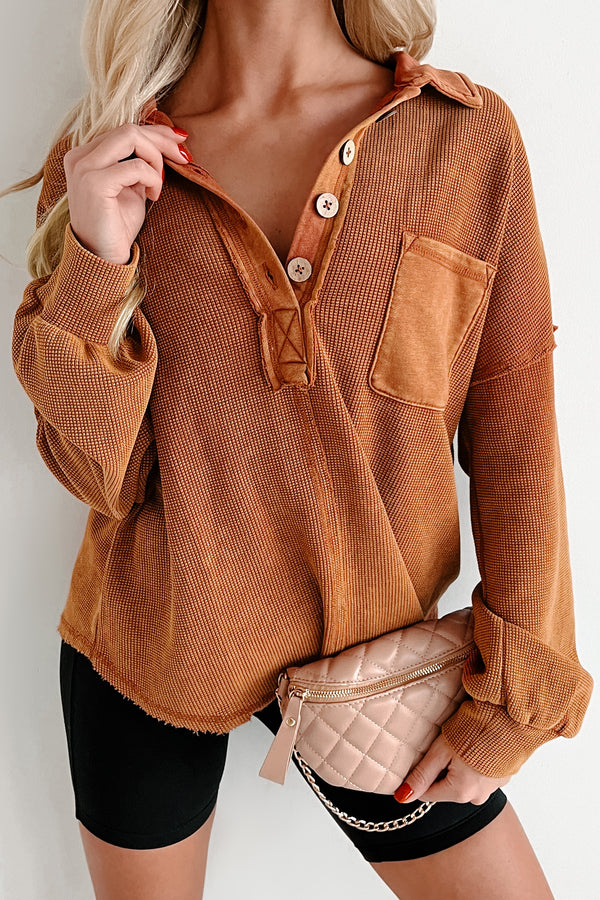 Forever Daydreaming Mineral Wash Collared Henley Top (Rust) - NanaMacs