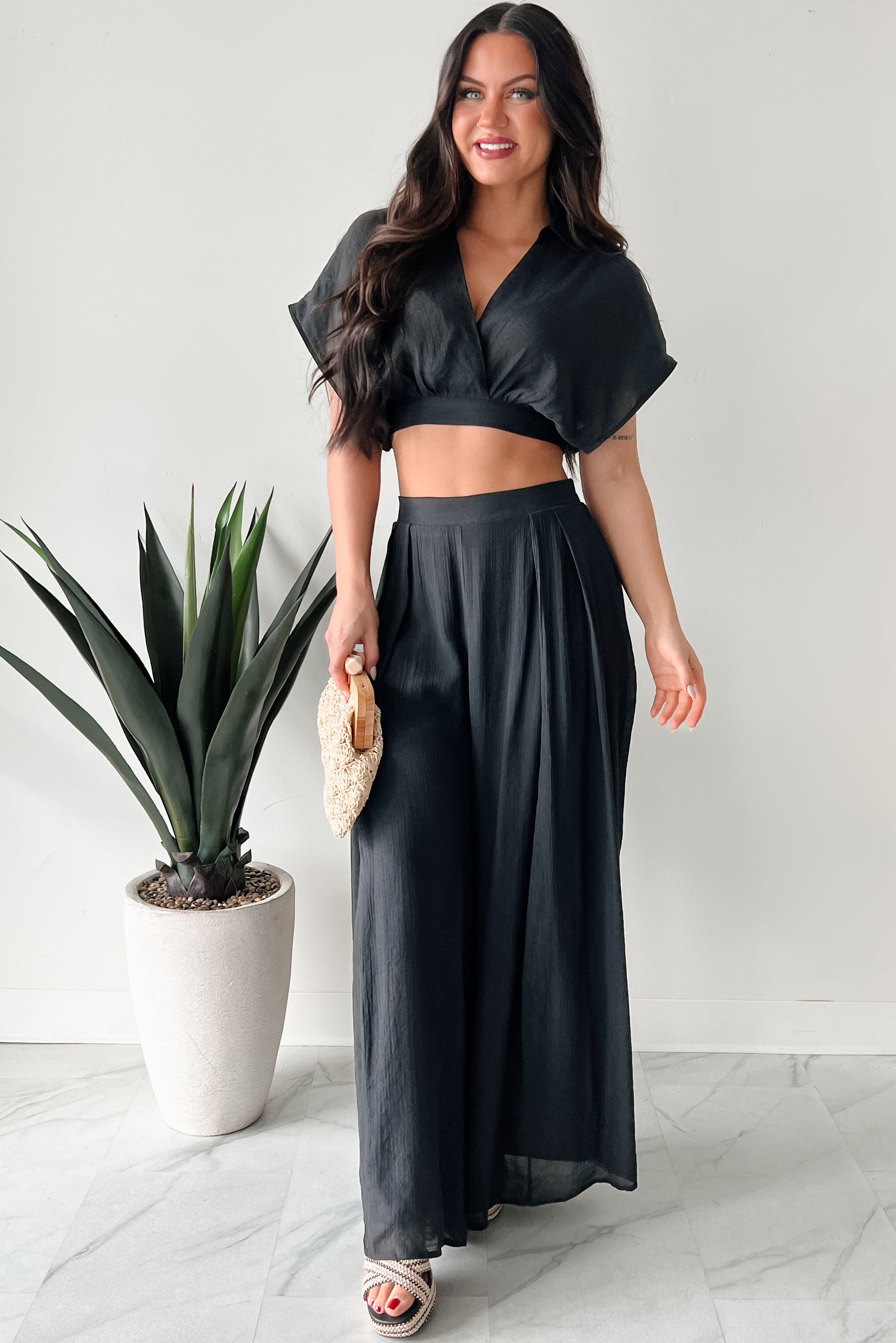 Dreamy Nights Crop Top & Wide Leg Pants Set (Black) - NanaMacs