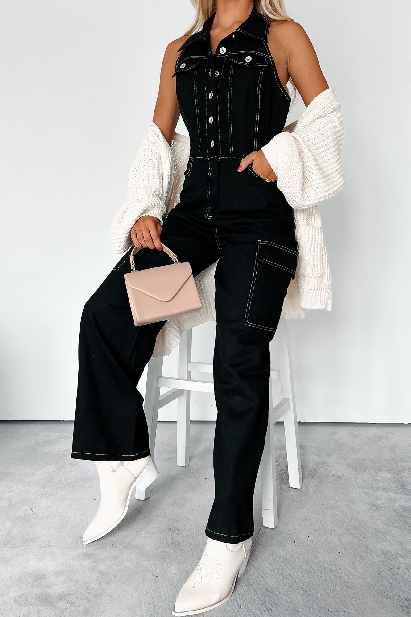 Social Call Denim Halter Cargo Jumpsuit (Black) · NanaMacs