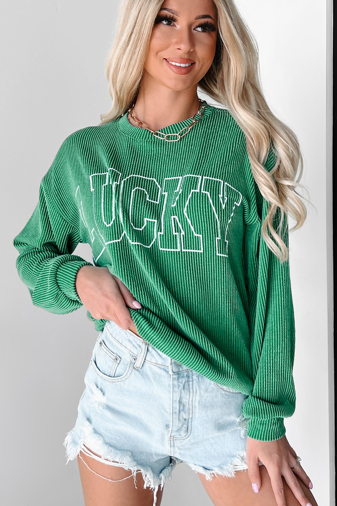 Good Fortune Ribbed "Lucky" Graphic Top (Green) - NanaMacs