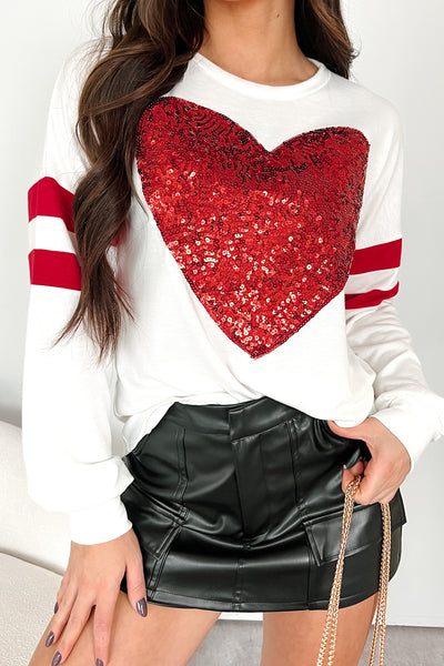 Lots Of Love Sequin Heart Varsity Long Sleeve Top (Ivory) - NanaMacs