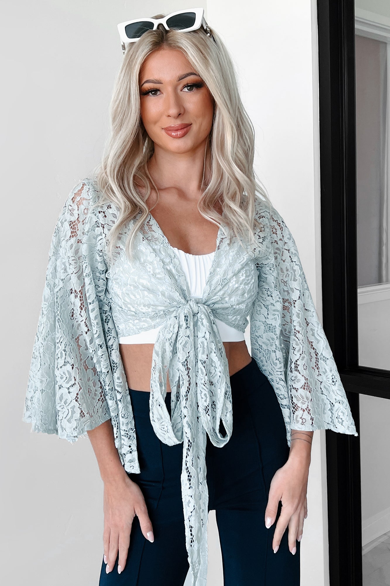 Neutral Nomad Lace Wrap Top (Dusty Blue) · NanaMacs