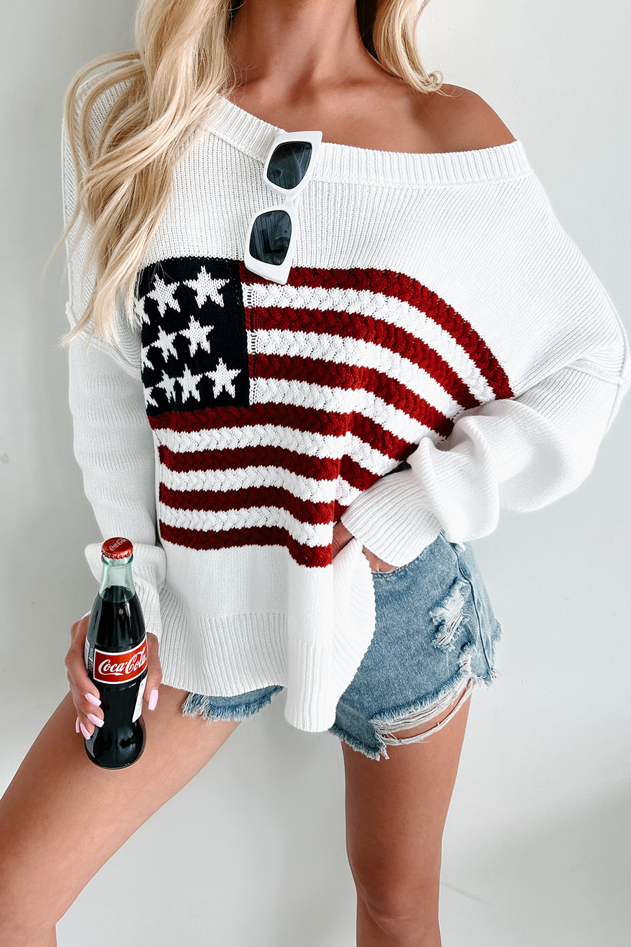 One Nation American Flag Crochet Knit Sweater (Ivory)