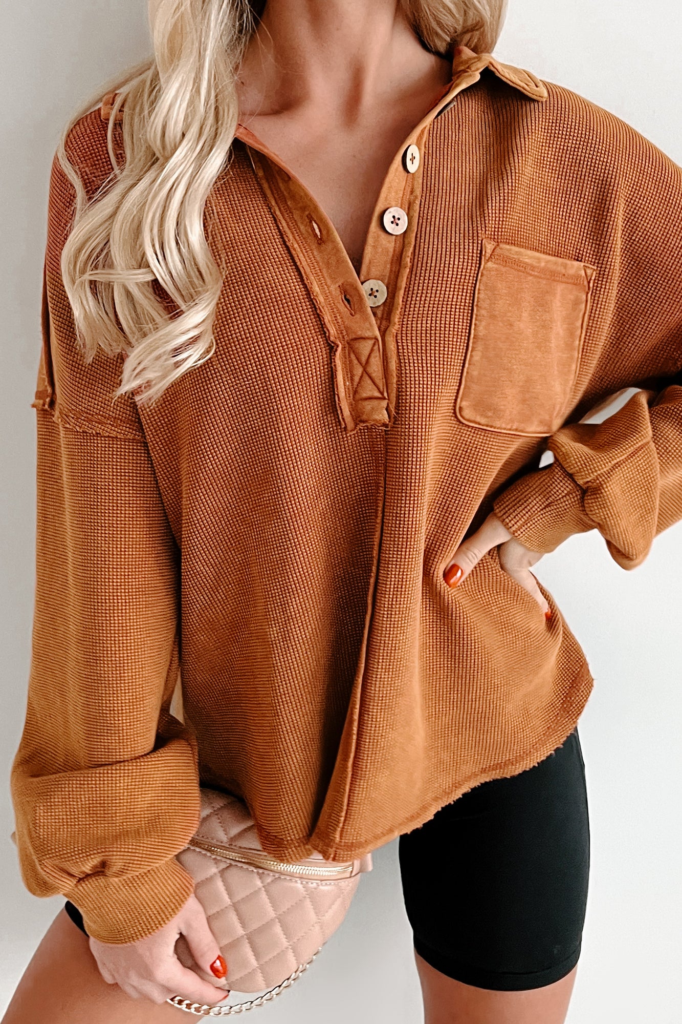 Forever Daydreaming Mineral Wash Collared Henley Top (Rust) - NanaMacs