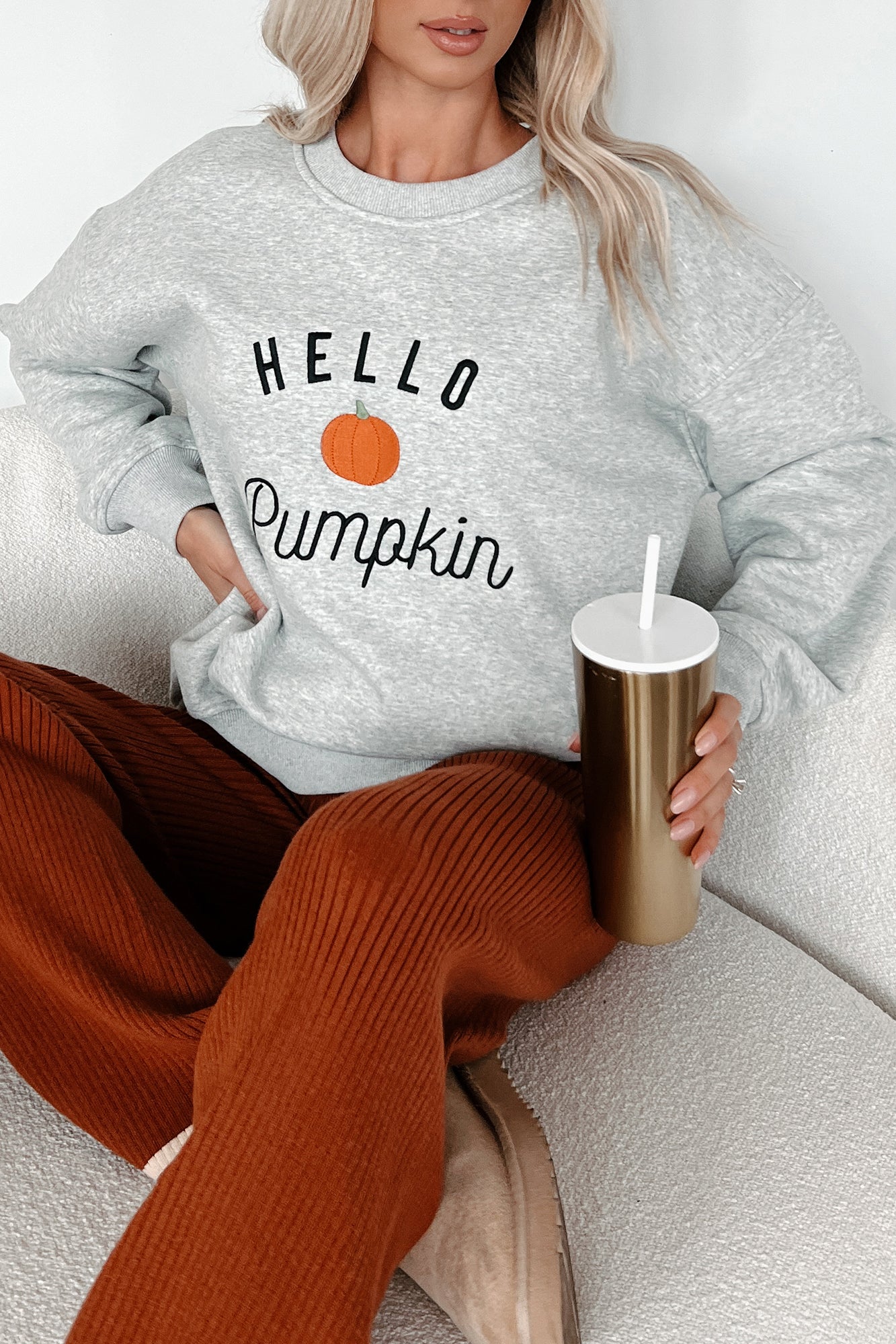 Welcoming Fall "Hello Pumpkin" Crewneck Sweater (Grey)