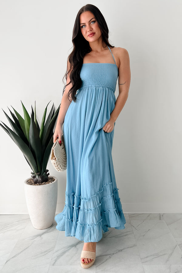 Taking The Scenic Route Halter Smocked Maxi Dress (Blue) - NanaMacs