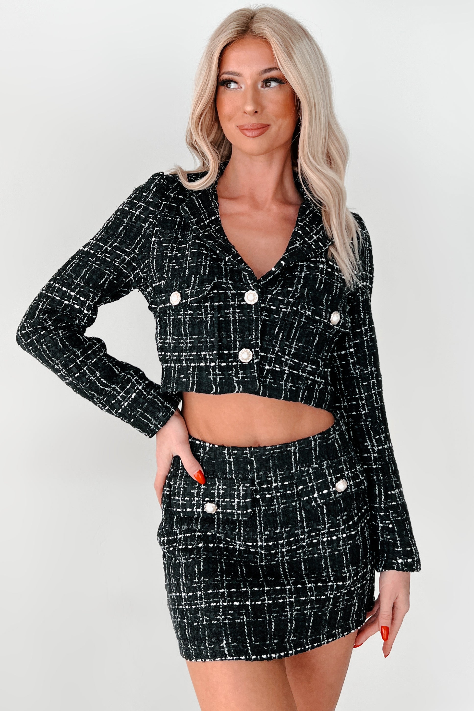 Mergers & Acquisitions Tweed Crop Blazer (Black) - NanaMacs