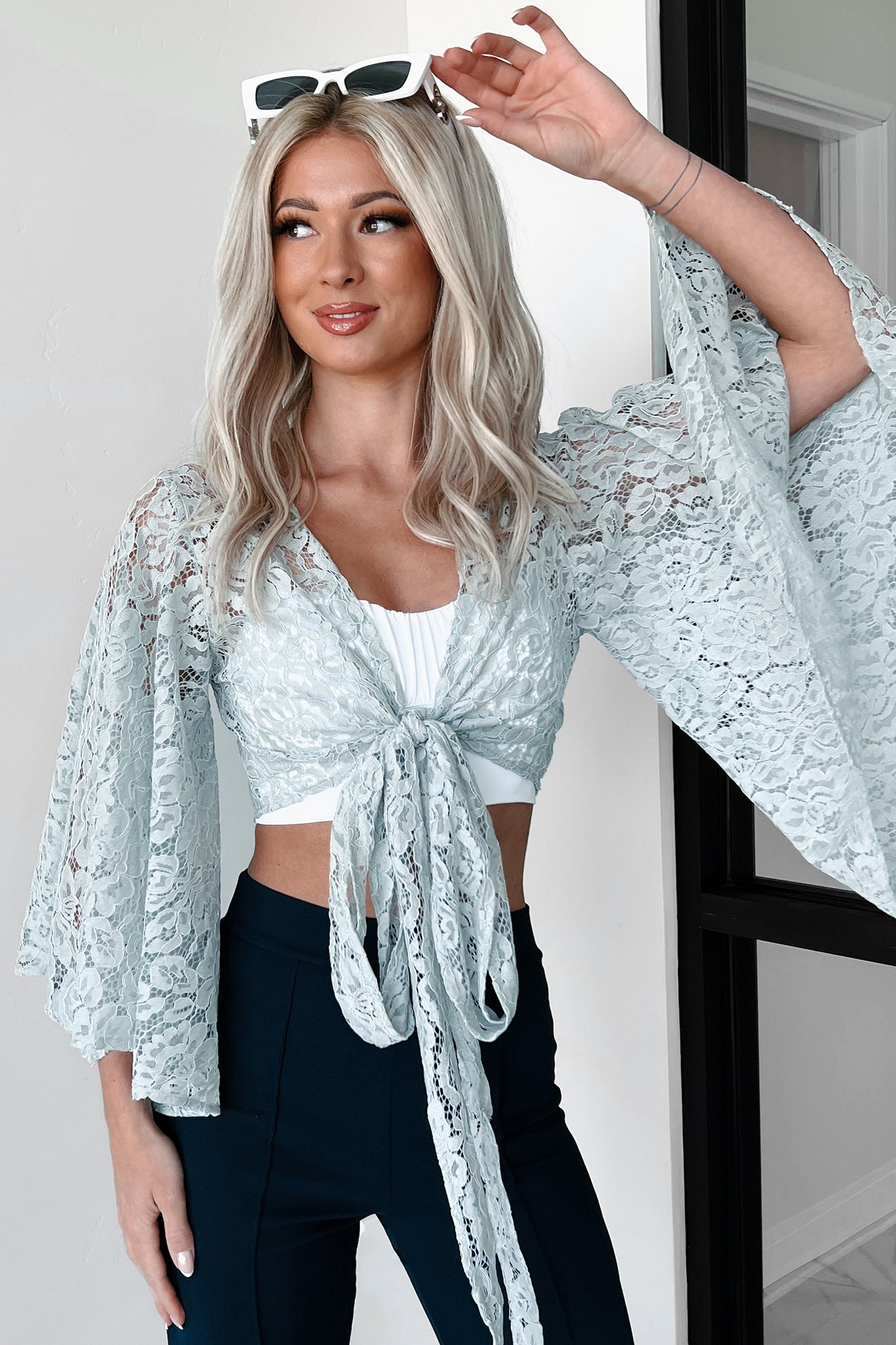 Neutral Nomad Lace Wrap Top (Dusty Blue) · NanaMacs