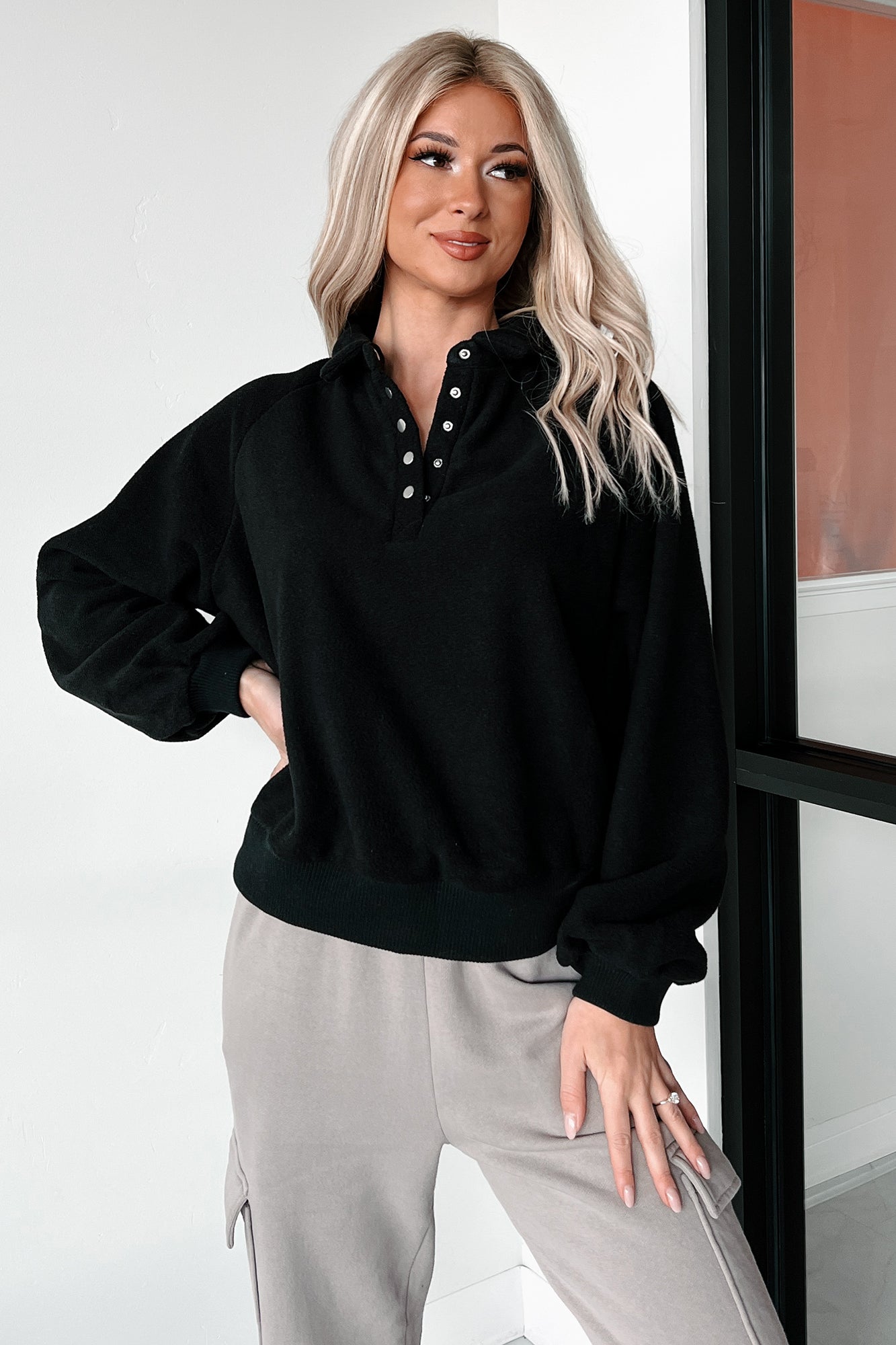 Working Remotely Fleece Pullover Top (Black) - NanaMacs