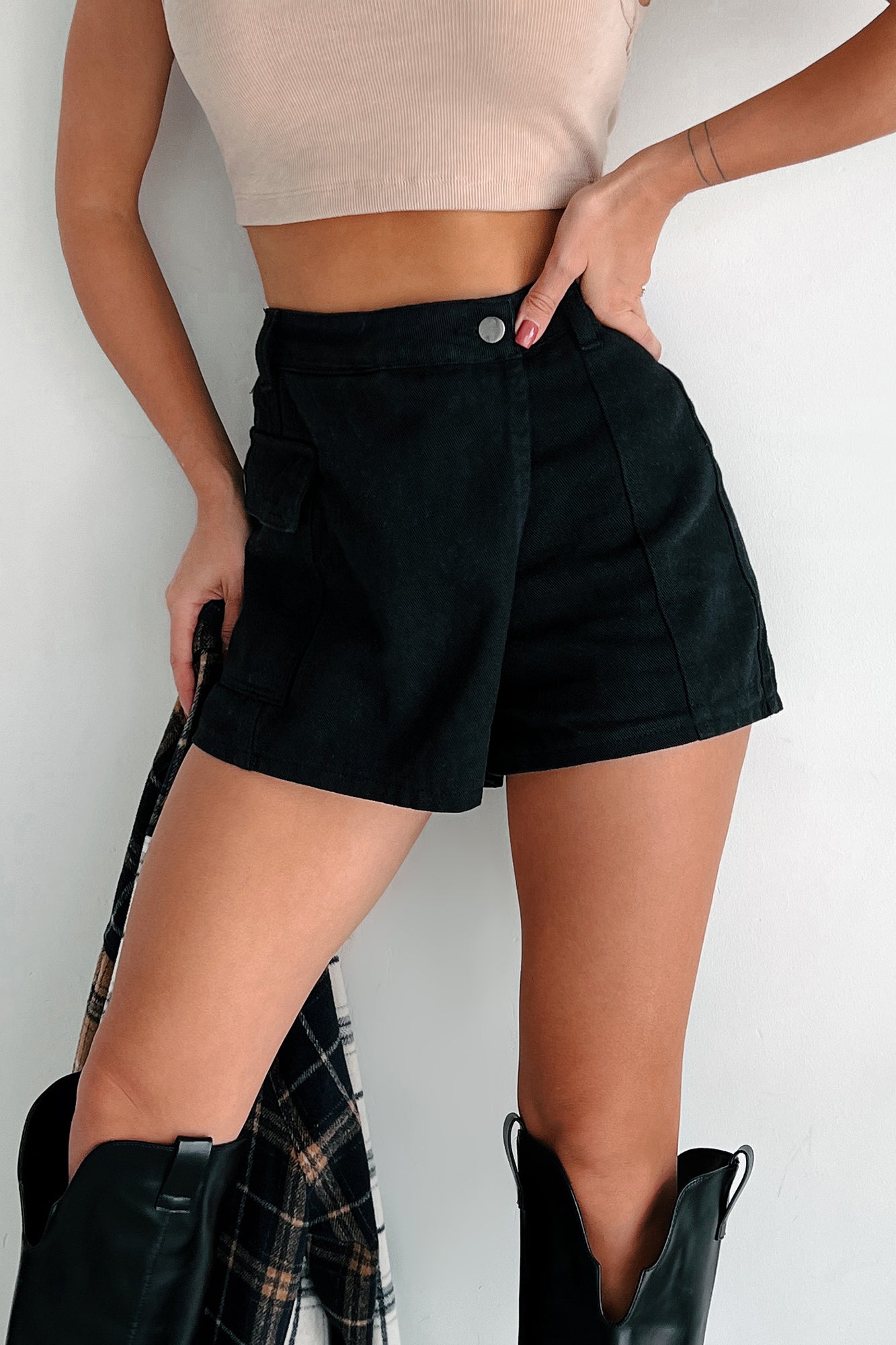 Zoelle Denim Cargo Wrap Skort (Washed Black) - NanaMacs