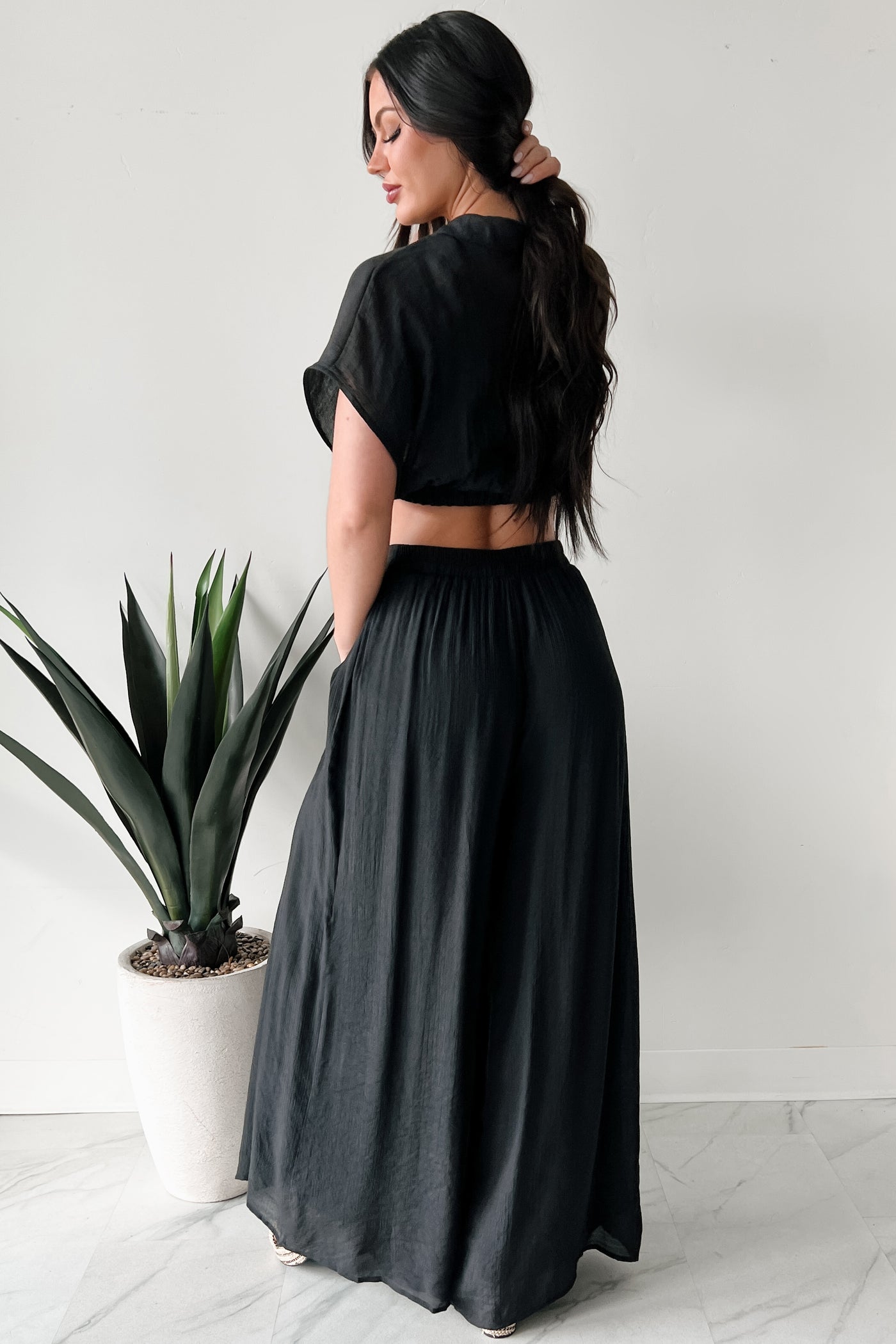 Dreamy Nights Crop Top & Wide Leg Pants Set (Black) - NanaMacs