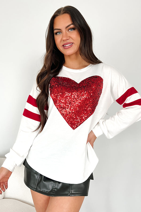 Lots Of Love Sequin Heart Varsity Long Sleeve Top (Ivory) - NanaMacs