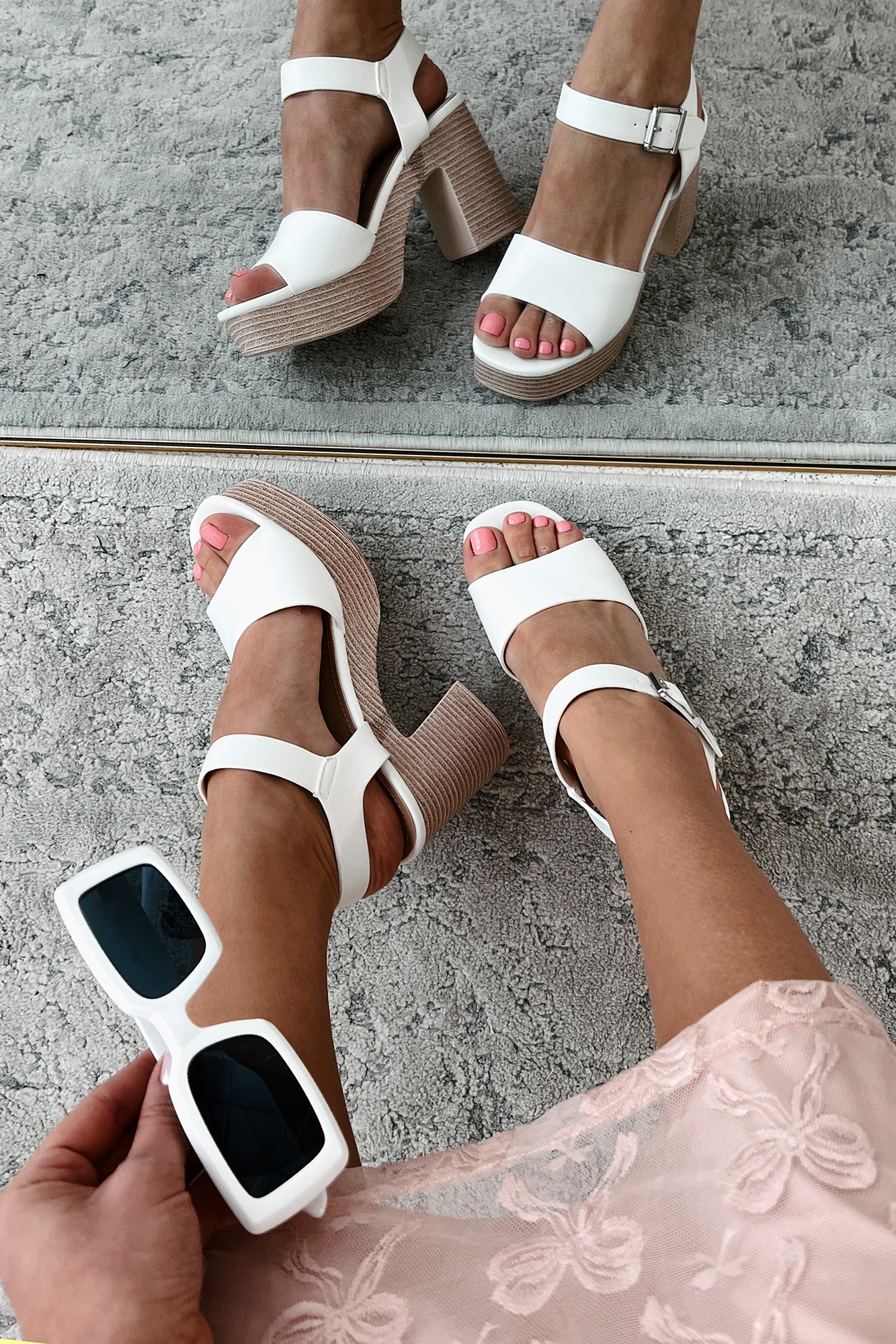 Iconic Steps Platform Block Heel Sandal (White) - NanaMacs