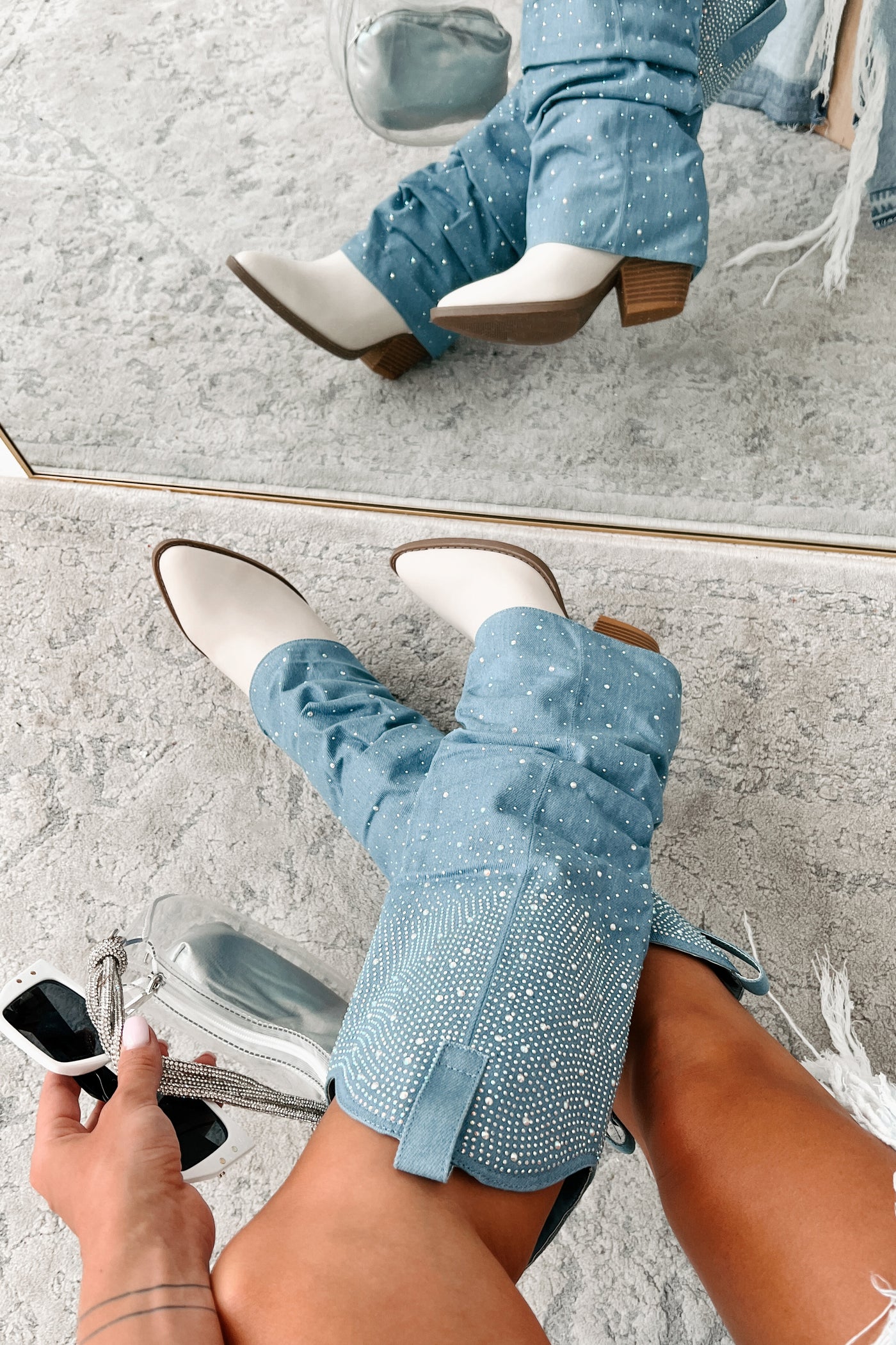 Sassy Statement Rhinestone Denim Boots (Blue Denim) - NanaMacs