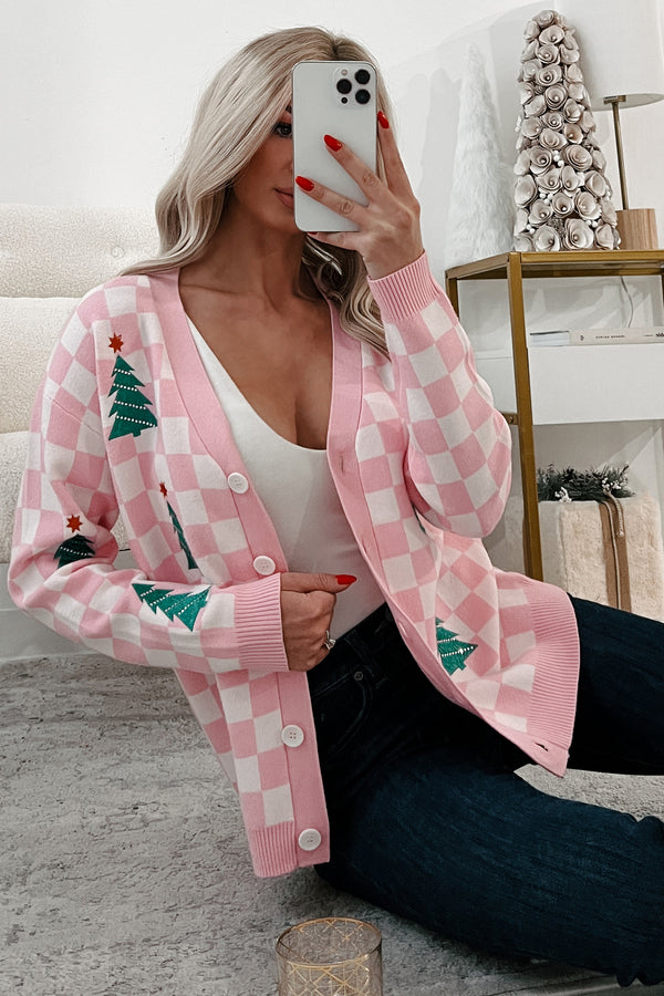 Some Christmas Sparkle Checkered Christmas Tree Cardigan (White/Pink) - NanaMacs