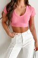 Carefree Mindset Ribbed V-Neck Crop Top (Pink) - NanaMacs