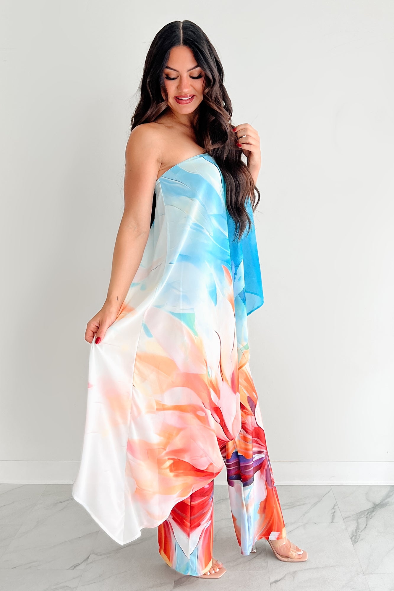 Wander Wildly Strapless Flowy Jumpsuit (Blue/Multi) - SMALL Wander Wildly Strapless Flowy Jumpsuit (Blue/Multi) - SMALL