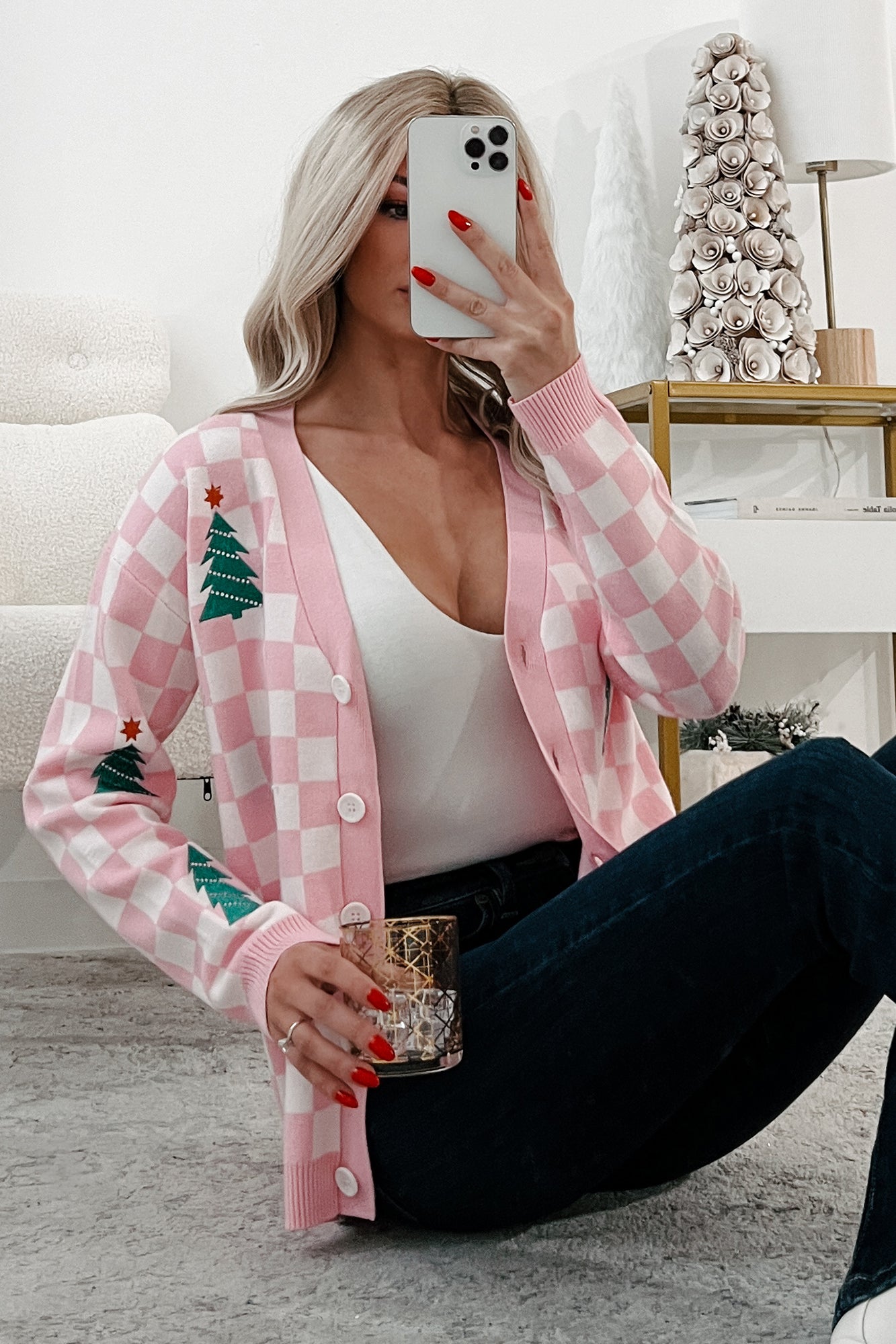 Some Christmas Sparkle Checkered Christmas Tree Cardigan (White/Pink) - NanaMacs