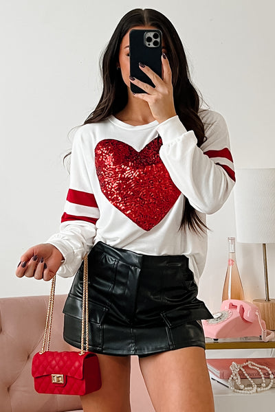 Lots Of Love Sequin Heart Varsity Long Sleeve Top (Ivory) - NanaMacs